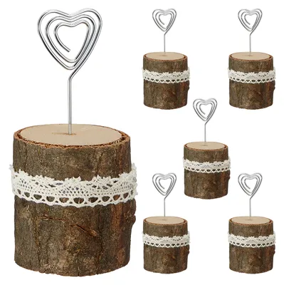 Produktbild von 6er Set Foto-/Kartenhalter Holz Metall Polyester 5x12cm Tischschildständer Bildhalterclip Baumstamm-Optik rustikal