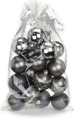 Produktbild von Weihnachtskugeln Kunststoff im Geschenkbeutel 6cm Mix 20er Set Grau