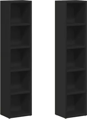 Produktbild von vidaXL CD-Regal, 2 Stück, aus Holzwerkstoff, Schwarz, Modern, Gesamtmaße 21x16x93.5 cm, mit 5 Fächern für ca. 80 CDs, Fachmaß 18x16x17 cm, inkl. Wandhalterung
