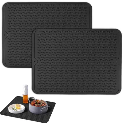 Produktbild von Set mit 2 Silikon-Abtropfmatten, Trockenmatten für die Spüle, 40 x 30 cm, hitzebeständige Geschirrmatte, rutschfeste Matte für die Spüle, Abtropfmatte, Besteckmatte (schwarz)
