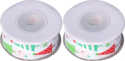 Produktbild von 2 Rollen Weihnachtsband, breit, bedruckt, Baum, weiß, Weihnachtsdekoration