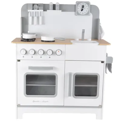 Produktbild von Bandits & Angels Kinderküche aus Holz, Modell Chef Deluxe, Weiß, ab 3 Jahren, für Jungen und Mädchen – Arbeitsplattenhöhe 59 cm – inkl. 9 Zubehörteile – Weiße Kinderküche – Spielküche aus Holz