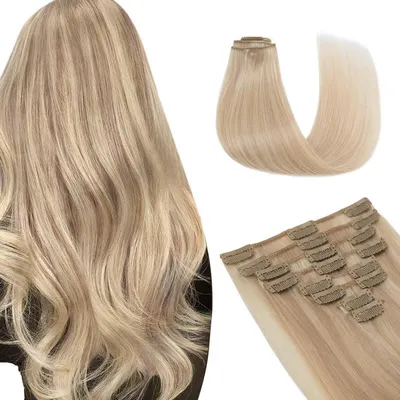 Image de Extensions à clipser, cheveux naturels, 8 mèches, 70g, 50 cm, blond clair/blond doré, avec mèches