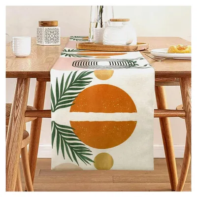 Produktbild von Moderner abstrakter Tischläufer Boho Beige minimalistisch Gelb Tischdeko abwaschbar mit grünen Blättern 33 x 183 cm rutschfeste Tischdecke für den Esstisch