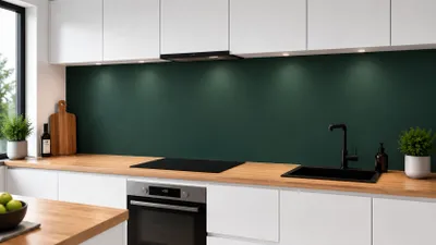 Produktbild von Raumwand Küchenrückwand Moosgrün 5mm Acrylglas als Spritzschutz Küchenwand wasserfest, inkl. UV- Direktdruck und Weißhinterlegung 260 x 60 cm