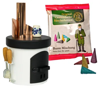Produktbild von Crottendorfer Räucherofen - Küchenherd in Weiß - inklusive Probepackung Bunte Mischung - für Räucherkerzen Größe M