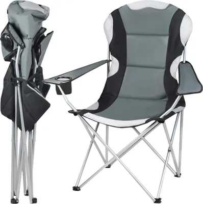 A camping chair is shown in both its open and folded states against a white background.