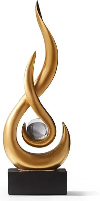 Productafbeelding van Unyqoos® Moderne abstracte vlamsculptuur, zwart – Hars en glas, 10,5 x 5,3 x 35 cm, met afneembare kristallen bol, elegante decoratie voor tafel en woonkamer