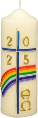 Produktbild von Osterkerze blaues Kreuz, Regenbogen, A und O, Jahreszahl 140 x Ø 50 mm