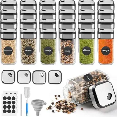 Produktbild von 24-teiliger Glasbehälter für Kräuter mit Deckel, Etiketten, Füllhölzern, Löffeln und Bürsten