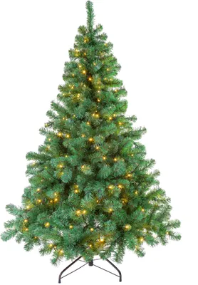 A green artificial Christmas tree with lights on a white background.