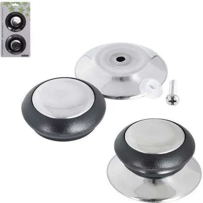Two pot lid knobs and a pot lid base are displayed on a white background, along with a screw and a washer.