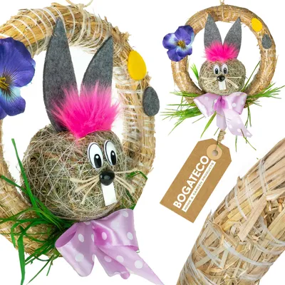 Produktbild von Osterkranz mit Hase aus Stroh 25cm | dekorativer Türkranz mit Aufhänger | natürliche Osterdekoration zum Aufhängen Tür | handgefertigt