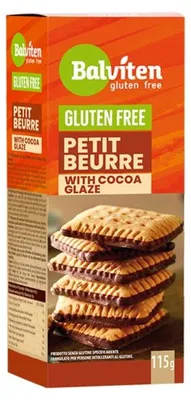HERBATNIKI MAŚLANE PETIT BEURRE Z DODATKIEM POLEWY KAKAOWEJ BEZGLUTENOWE 115 g - BALVITEN