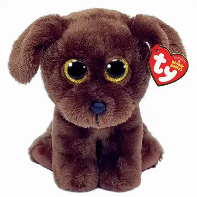 A brown plush dog toy with large, sparkly gold eyes and a red TY tag.
