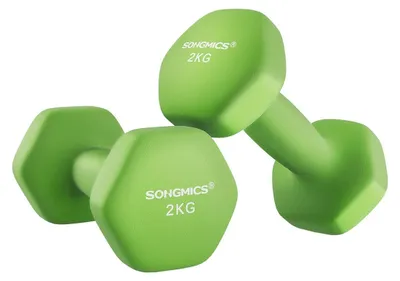 Image de Ensemble de deux haltères verts – en fonte – avec revêtement en néoprène – 16 x 8 cm – paire de 2 kg