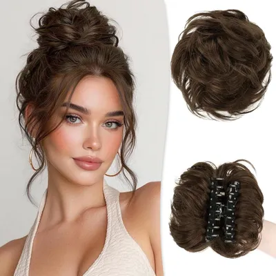 Produktbild von Echthaar Dutt mit Klammer, Messy Bun Haarteil, gewellt, mittelbraun, 40g