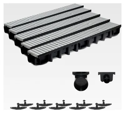 Produktbild von 5m Entwässerungsrinne B125, 98mm komplettes Set Stegrost Kunststoff (grau)