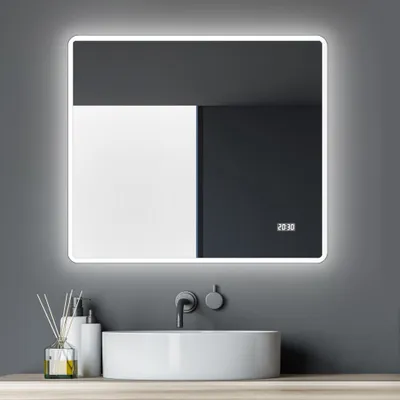 Produktbild von LED Badspiegel 80×70 cm, Alurahmen, Licht neutralweiß, IP24, Digitaluhr
