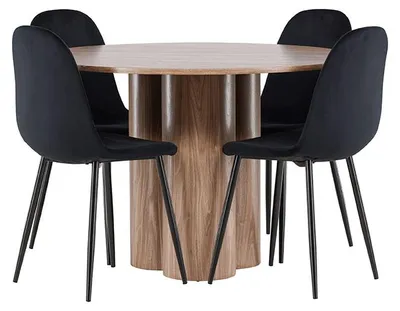 Image de Olivia ensemble pour salle à manger table Ø110cm et 4 chaises velours brun.