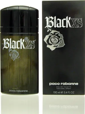 A bottle of Paco Rabanne Black XS perfume and its packaging.
