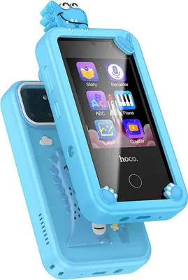 A blue children's smartphone with a dinosaur case is shown at an angle.