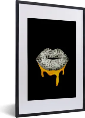 Produktbild von MuchoWow® MuchoWow® Gerahmtes Poster Lippen - Geld - Schwarz und Weiß 40x60 cm - Poster mit zchwarzem Bilderrahmen - Poster in Rahmen