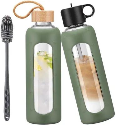 Productafbeelding van 700 ml Glazen Waterfles met 2 Dekselopties, Tijdmarkering