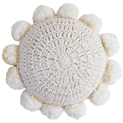 Runder Boho-Dekokissen 35 cm mit Pompons, Beige
