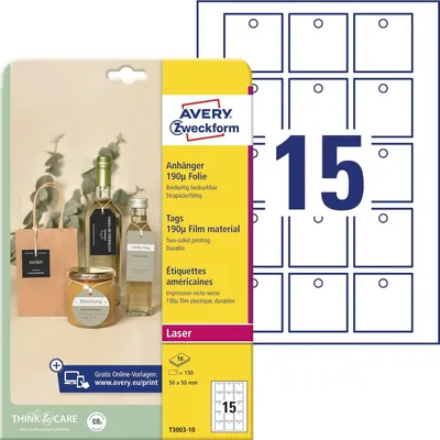 Image de AVERY Zweckform T3003-10 AVERY Zweckform Hängeetiketten weiß 50,0 x 50,0 mm blanko, 150 St.