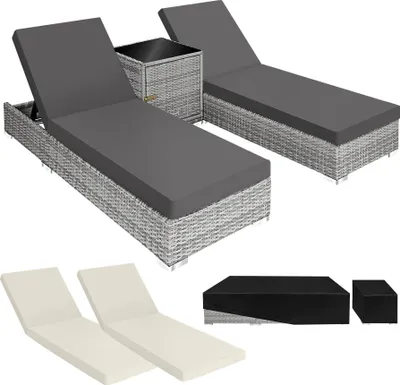 Image de 2 chaises longues en rotin avec structure en aluminium et table, housse de protection incluse - gris clair