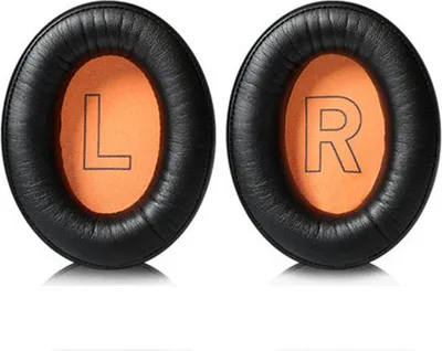 Two black headphone ear pads with orange inner lining, marked with 'L' and 'R'.
