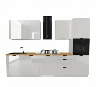 Obrázek produktu pro Kuchyňská linka 300 cm - Bílý lesk - s hnědou pracovní deskou - s vysokou skříní - tiché dovírání Soft-Close - Moderní sestava - DENIS