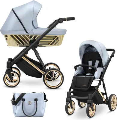 Produktbild von Kinderwagen IVENTO GLAM Sportwagen Babywagen Babyschale Komplettset Kinder Wagen Set 2 in 1 (Eco Baby Blue Metalic, Rahmenfarbe: Gold)