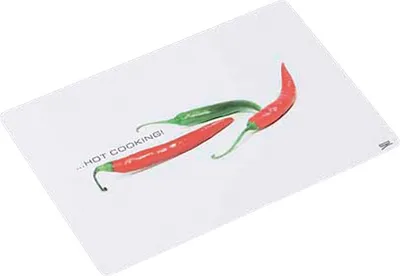 A glass cutting board with a chili pepper design and text.