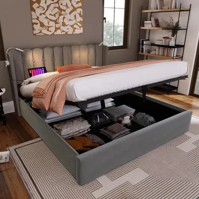 Produktbild von Polsterbett Doppelbett 160x200 Leselicht Ladefunktion Kopfteil Stauraum Lattenrost Samt Grau