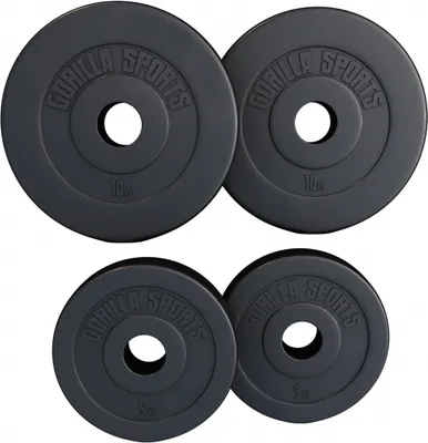 Produktbild von GORILLA SPORTS® Olympia Hantelscheiben - 30kg Set (2 x 5kg + 2 x 10kg) Gewichte, 50mm Bohrung, aus Kunststoff - Gewichtsscheiben, Hantelscheiben-Set, Olympiascheiben