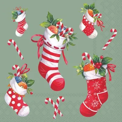 Produktbild von Weihnachten Servietten 25x25 cm 3-lagig 20 Stück X-Mas stockings sageMix  Weihnachtsstiefel Zimtstange Nikolaus grau