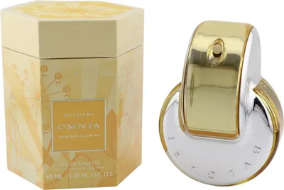Bvlgari Omnia Golden Citrine Eau de Toilette mit sechseckiger Verpackung in Gelb und elegantem, gold-silbernem Flakon.