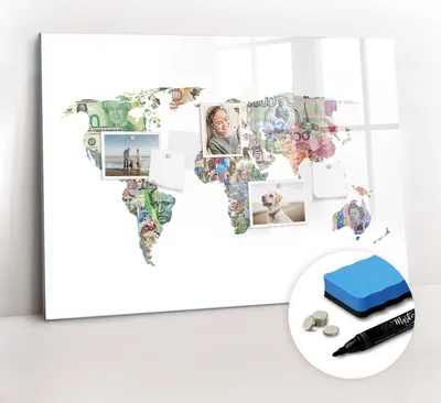 Produktbild von Magnetpinnwand Memoboard - Zubehörsatz - Schwarzer Marker + Schwamm + Magnete - 100 x 70 cm - Banknowy-Weltkarte