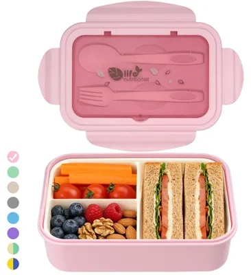 Productafbeelding van Lunchbox met 3 vakken en bestek, 1400ml, uitlaufsbestendig, voor werk en school (Roze)