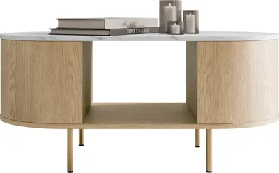 Produktbild von MIRJAN24 Couchtisch Lygrint, Kaffeetisch, Stilvoll Wohnzimmer Kollektion (Farbe: Eiche Cremona / Marmor Weiß + Gold)