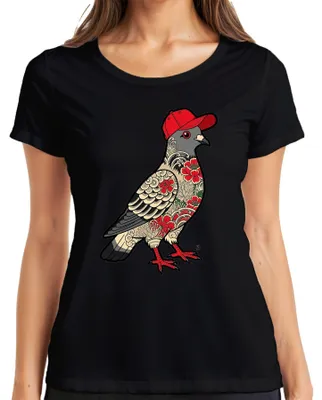 Immagine prodotto di T-shirt da donna, nero, taglia XL, con motivo "Taube Tattoo" (tatuaggio di colomba), stile giapponese, cappellino da baseball, design urbano, streetwear, ispirato all'irezumi (tatuaggio tradizionale giapponese), modello cool