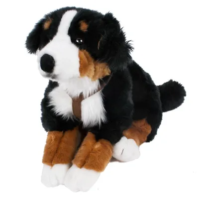 A plush toy dog sitting on a white background.