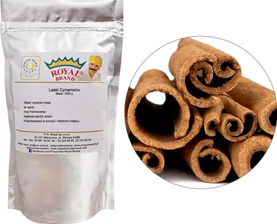 A product image showing a bag of cinnamon sticks and a close-up of cinnamon sticks.