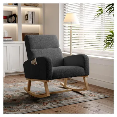 Produktbild von Lesesessel, Schaukelsessel für den Innenbereich, gepolstert, mit Rückenlehne und Taschen, Lounge-Sessel für das Wohnzimmer, hellgrau