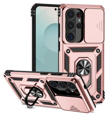 Immagine prodotto di Custodia per Samsung Galaxy S26 Ultra Custodia a doppio strato con copertura scorrevole per fotocamera e supporto ad anello Oro rosa