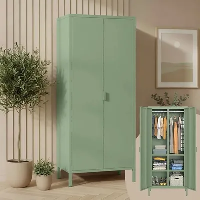 Productafbeelding van Ituri metalen kast in mintgroen – Kledingkast met 6 vakken en 2 kledingroedes – Garderobekast voor de hal, 80 cm breed – Slaapkamerkast in industriële stijl – Stalen kast voor woonkamer en kantoor