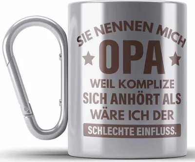 Produktbild von Trendation - Lustige Edelstahl Tasse Karabiner Opa Geschenke Großvater Vatertag Geburtstag Karabiner Edelstahl Tasse Karabiner Edelstahl mit Spruch für Opa (Silber)