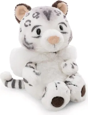 A stuffed snow leopard toy is sitting on a white background.